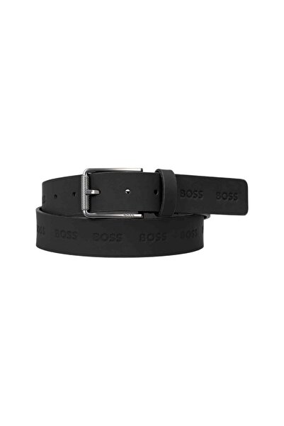 BOSS Men's Silver-Tone Metallic Buckle Logo Embossed Genuine Leather Black Belt