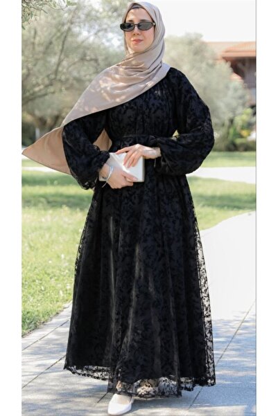 Sahra Vera Siyah LY26 4030 REGLAN KOL FLOK BASKILI ELBİSE