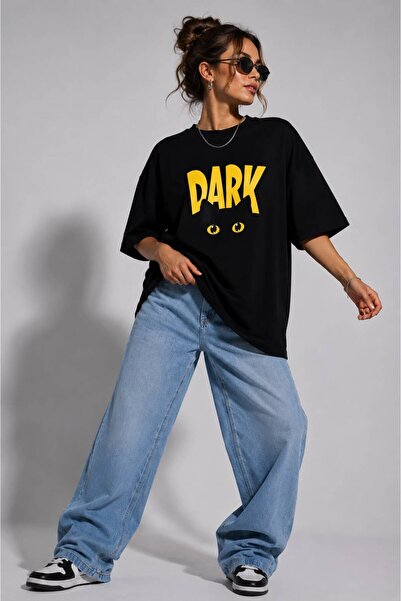 Lizbon Style Women's Oversize 100% Cotton Basic Comfortable Fit Cat Dark Prin...