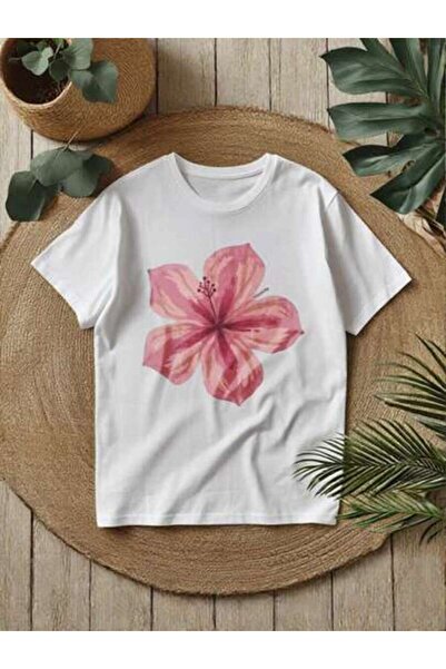 29CUN Women's With Pink Hibiscus Print Stylish White T-Shirt Summer Fashion S...