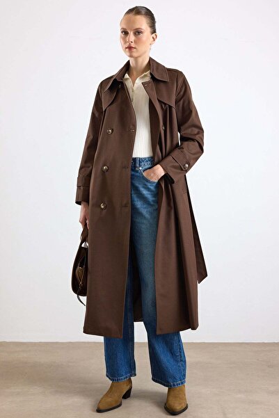Olcay Cape Detailed Double-Breasted Water-Repellent Trench Coat Brown 6890