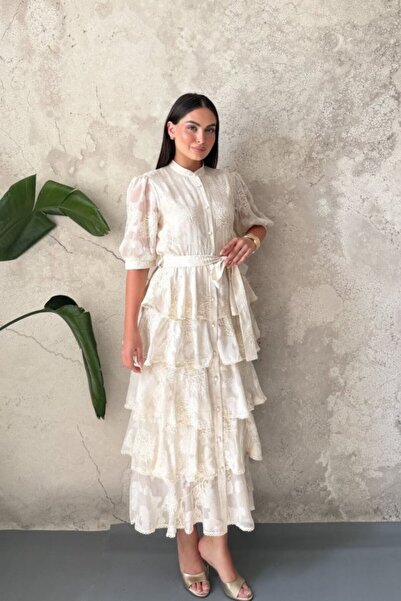 Elbee Fashion Woman Μπεζ φόρεμα με σχέδια σε στρώσεις