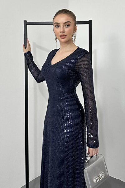 ELBEE Navy Blue Backless Pulpayet Dress