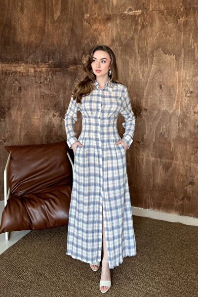 ELBEE Blue Pleated Plaid Dress