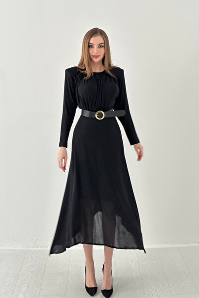 Elbee Fashion Woman Black Leather Belt Detail Sparkling Dress