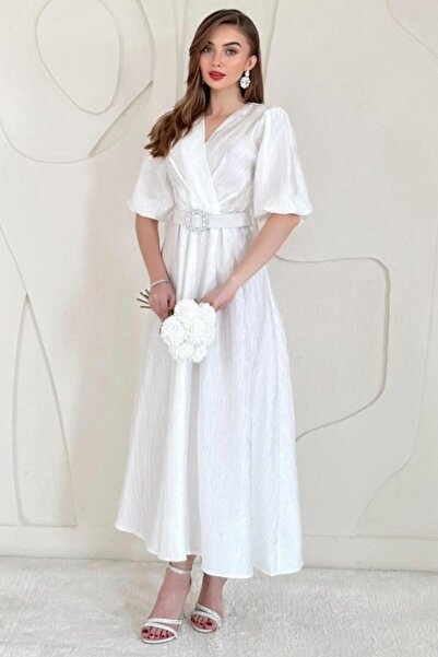 Generic Brand White Balloon Sleeve Detailed Belted Double Breasted Dress