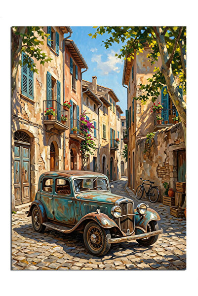 Artmeg Pânză decorativă Vintage Blue Car Narrow Street - Tablou din lemn MDF