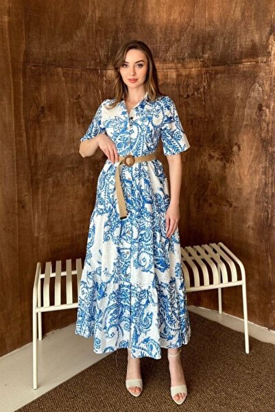ELBEE Blue Embroidered Dress with Lace-Up Sleeves