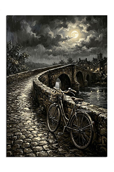 Artmeg Bicycle and Moon on the Stone Bridge Decorative Canvas - Mdf Wood Pain...