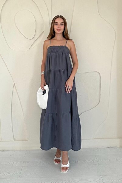 Elbee Fashion Woman Γκρι φόρεμα μουσελίνας με τιράντες και σχέδια