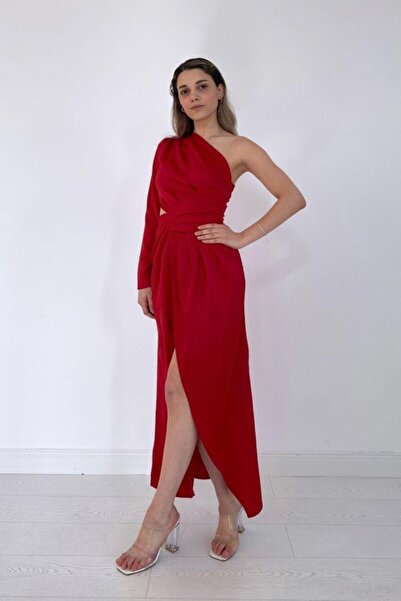 ELBEE Red Single Sleeve Satin Evening Dress