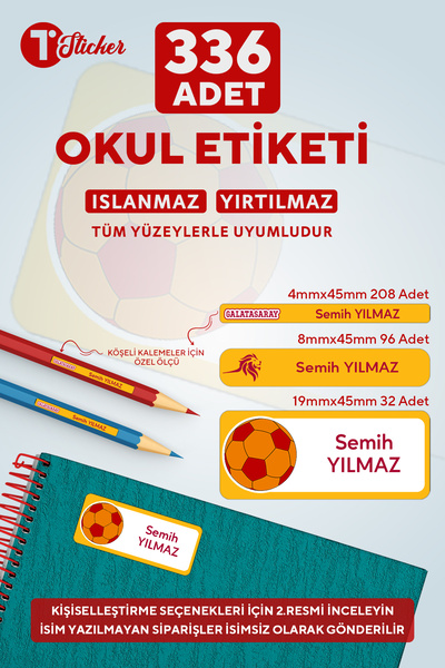 birtasarım 336 Adet Kişiye Özel Okul Etiketi SARIKIRMIZI