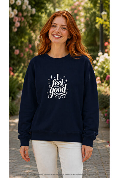 caddekombin Women's I Feel Good Written Round Neck Long Sleeve Sweatshirt