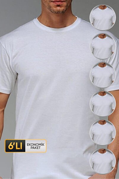 Çift Kaplan Men's Single Jersey Crew Neck White T-Shirt 947 Economical Pack of 6