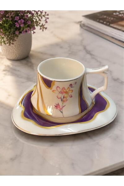 ALBETTO 2-Person Gold Gilded Purple Marbled Patterned Floral Porcelain Coffee...