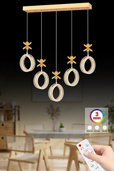 İstanbul Avize Yonca Yemek Masası 5'Li Gold 3 Renk Ledli Modern Kumandalı Led...