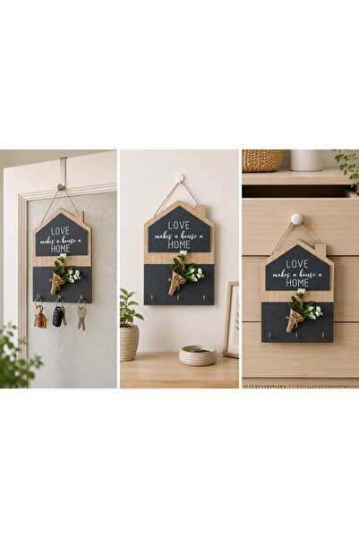 SİHOME Dekoratif Ahşap Anahtarlık – 3’lü Askılı Anahtar Tutucu – Duvar ve Kap...