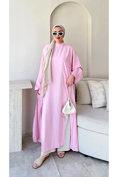 RFK Butik Kadın Seyyar Kemerli Tensel Yırtmaç Detaylı Tunik Boy Bluz - Pembe