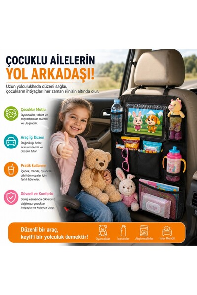 Polham 8 Bölmeli Araç Koltuk Arkası Organizer Tablet Bölmeli Fileli Oto Koltuk Arkası Eşya Düzenleyi