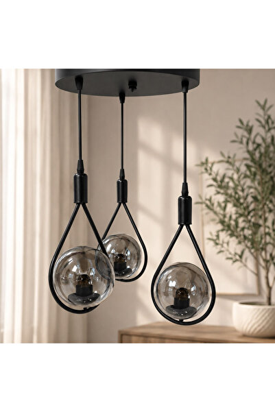FAVORA Damla 3'Lü Füme Camlı Avize - Siyah