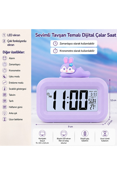 silabor Sevimli Tavşan Dijital Çalar Saat – LED Ekranlı, Çok Fonksiyonlu, Zam...