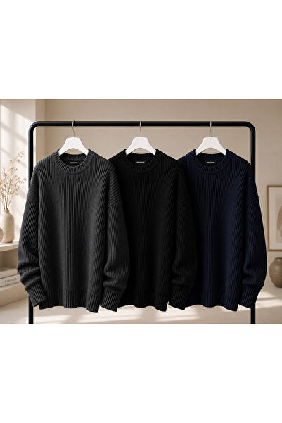 DepoExport Women's 3-Piece Crew Neck Oversize Knitwear Sweater Soft Knitted S...