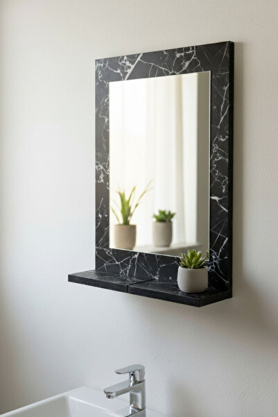 Moemi Banyo Aynası Raflı Ayna Lavabo Aynası Siyah Mermer Desenli Ayna 60 x 45 cm