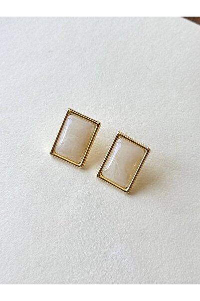 Alveole Jewelry Gold Renk Mermer Desenli Bej Taşlı Dikdörtgen Küpe