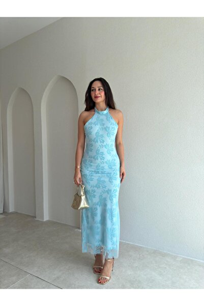Mooi Butik PERLA Simli Maxi Elbise 5450 - Mavi