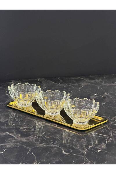 isra kristal Gold Mirella 3-Piece Glass Bowl Set with Tray, Breakfast, Snack,...