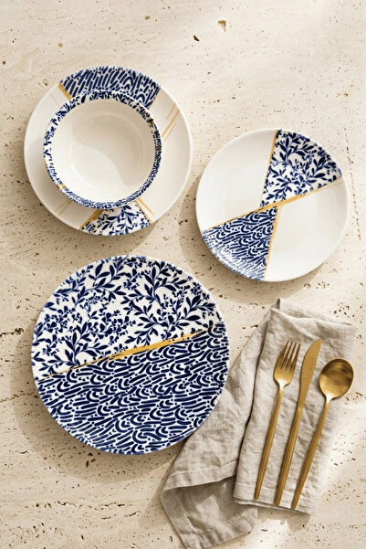 porselenden Kintsugi 24 Parça 6 Kişilik Premium Porselen Yemek Takımı Mavi Go...