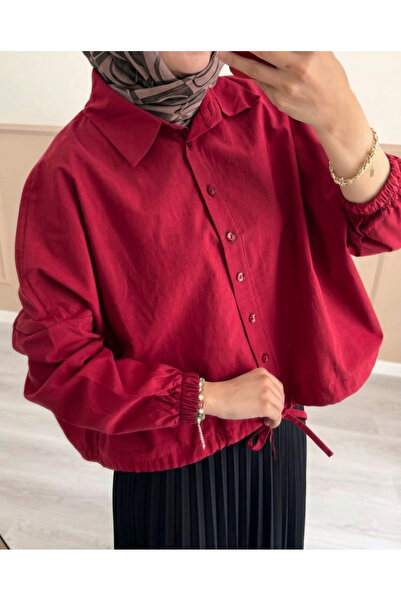 Bahar Altundemir Kadın Beli Büzgülü Oversize Düğmeli Crop Gömlek