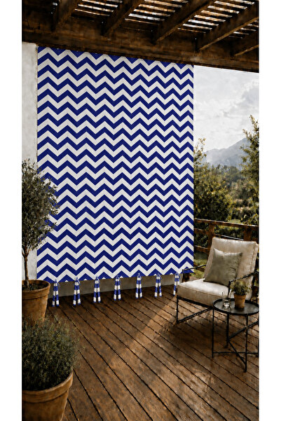 DEVRİM OLİVYA TEKSTİL Blue and White Zigzag Outdoor Sunshade Wind-Resistant B...
