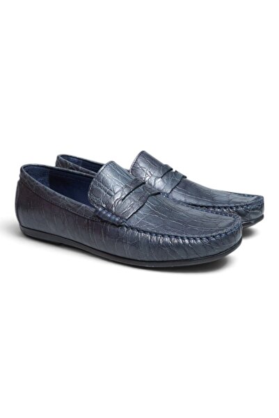 FRANCO CALVANI Dark Blue Color Laceless Genuine Leather Men's Shoes