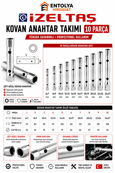 İzeltaş Kovan Anahtar Takımı 10 Parça 6x7-24x27 mm Çift Ağızlı Boru Anahtar Seti