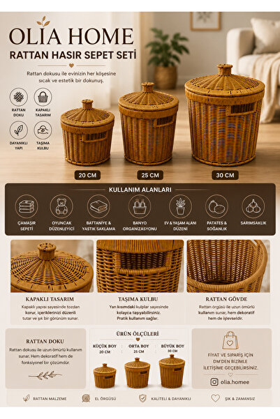 OLİAHOME Olia Home 3’lü Kapaklı Rattan Patates Soğanlık Sepet Seti 20-25-30 c...