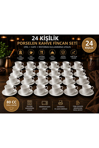 Porland 24lü Porselen Kahve Fincanı 80 ml Türk Kahvesi Fincan Takımı Beyaz Ka...