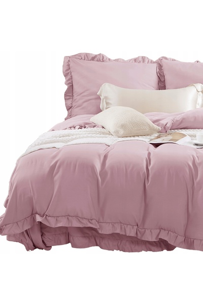 NO BRAND Set lenjerie de pat 140x200 cu volan + față de pernă 70x80 negru uni