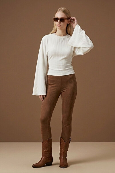 Şiir ASNOW Slim Fit Bele Oturan Geniş Uzun Kollu Doğal Viskon Karışımlı Dokulu Jakar Y2K Top & Kadın Bluz - Ekru