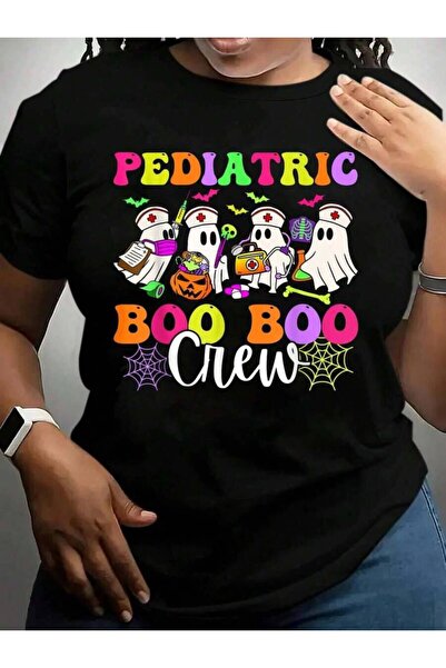 25W تي شيرت بطباعة جرافيكية سوداء لعيد الهالوين من Pediatric Boo-Boo Crew Gho...