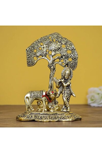 Generic eCraftIndia Lord Krishna Playing Flute Under Tree With Golden Cow And...