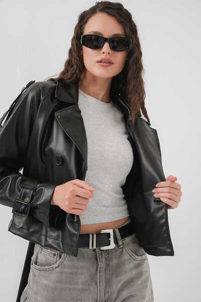 LE CARAMBOLE Women's Black Belt Detailed Faux Leather Jacket