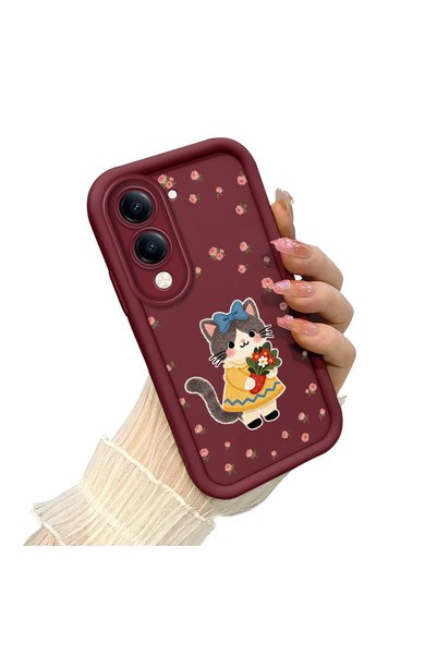 Hontinga Vivo Y29S Compatible Case Camera Protective Cat Case Burgundy Lover Couple Silicone Phone Case