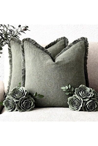 Generic Natural Linen Fringed Pillow Cover with Tassels, Olive Green, 18x18 I...