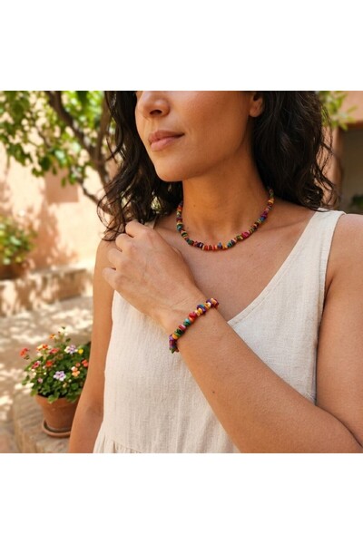Hedea Real Natural Stone Women's Necklace and Bracelet Set Multi-Colored