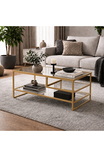 AVİBO HOME Milano Gold Metal Çerçeveli Temperli Cam Orta Sehpa