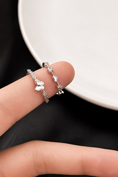 THE Steel Women's Silver Color 2-Piece Ring Set with Butterfly and Heart Detail