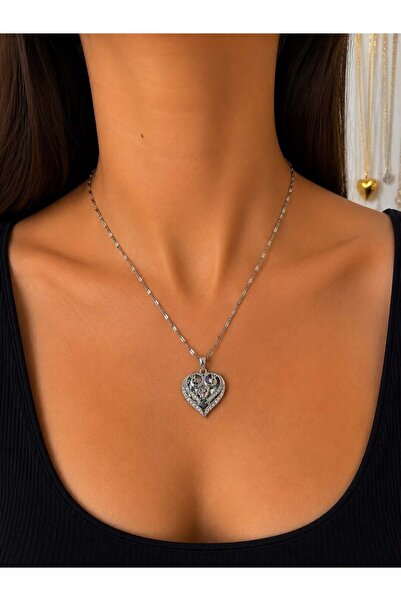 MARE BUTİK Silver Vintage Heart Figured Zircon Stone Steel Necklace