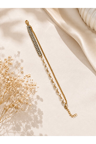 Archhazel Jewelery Gold Baguette Stone Pearl Detailed Multi Chain Steel Bracelet