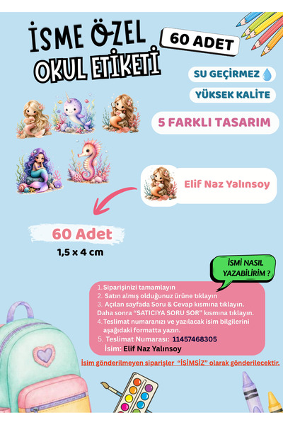 VORACRAFT İsme Özel Okul Etiketi 60 Adet Yüksek Kalite Su Geçirmez İsim Etike...